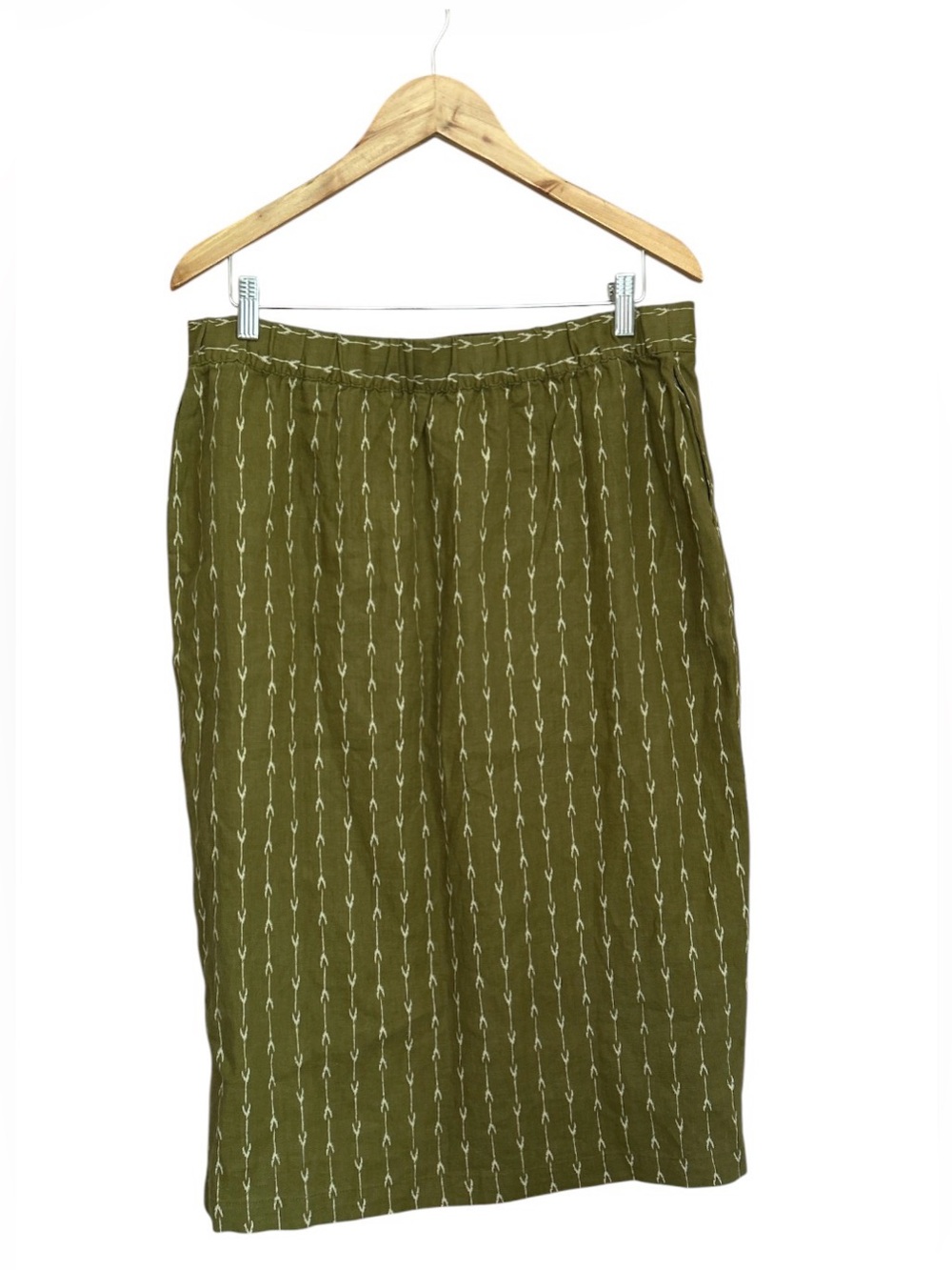 Garnet Hill Kona Linen Skirt Olive Green Geometric Midi Front Split Size L - Picture 3 of 13
